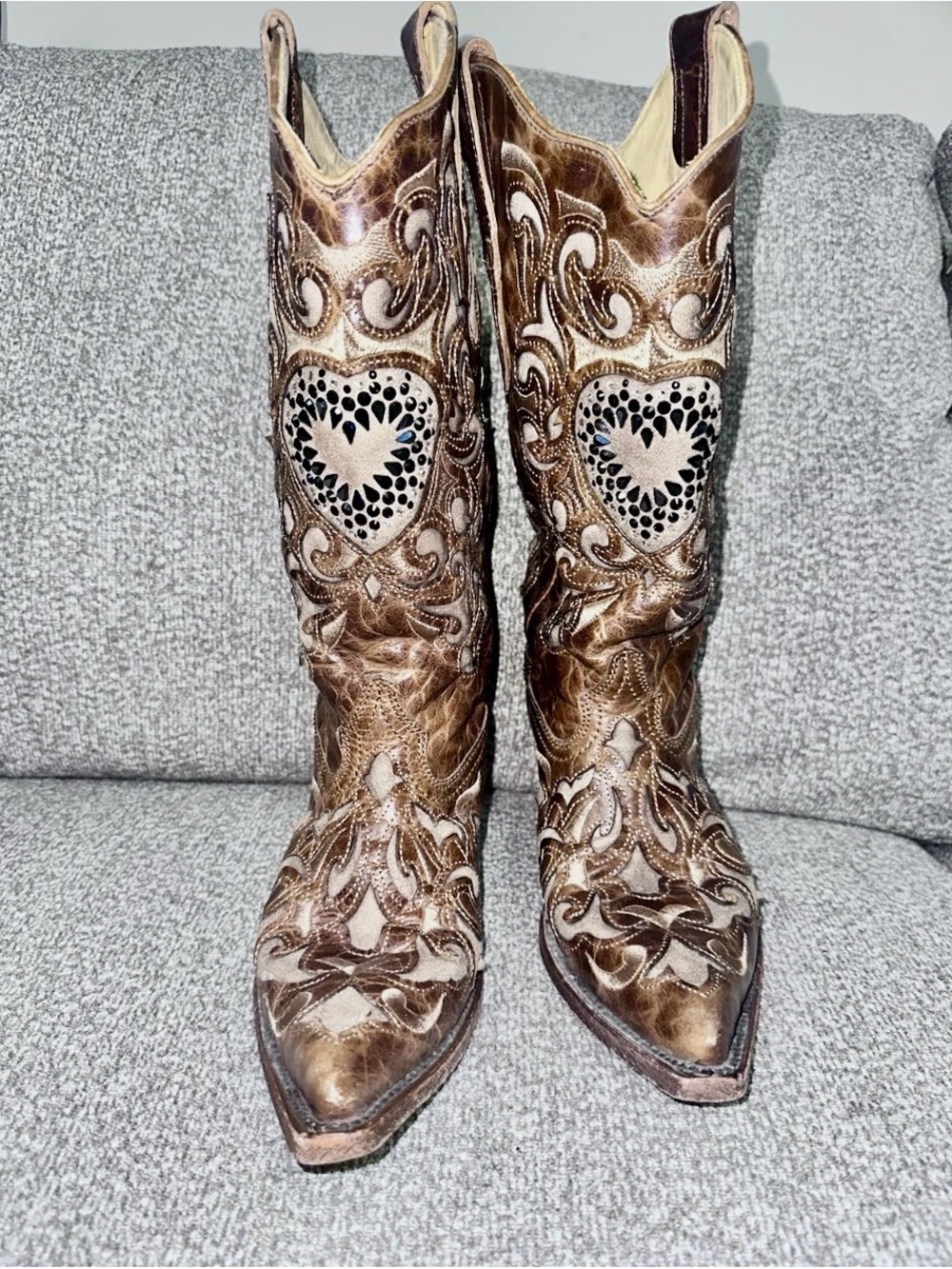 Brown Embroidered Heart Western Heeled Boots